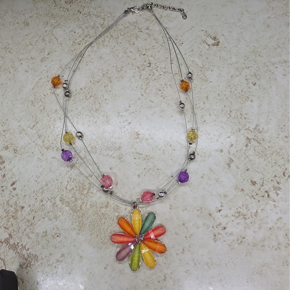Jewelry - Floating Spring Mulicolor Beaded Three Strands With Flower Pendant Necklace